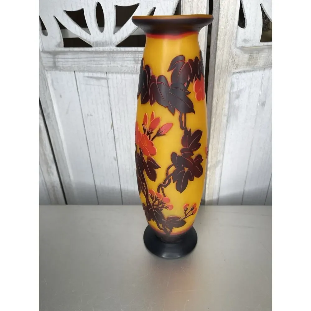 Cameo ART Nouveau Glass VASE Galle French Style Repro Amber Red Butterfly